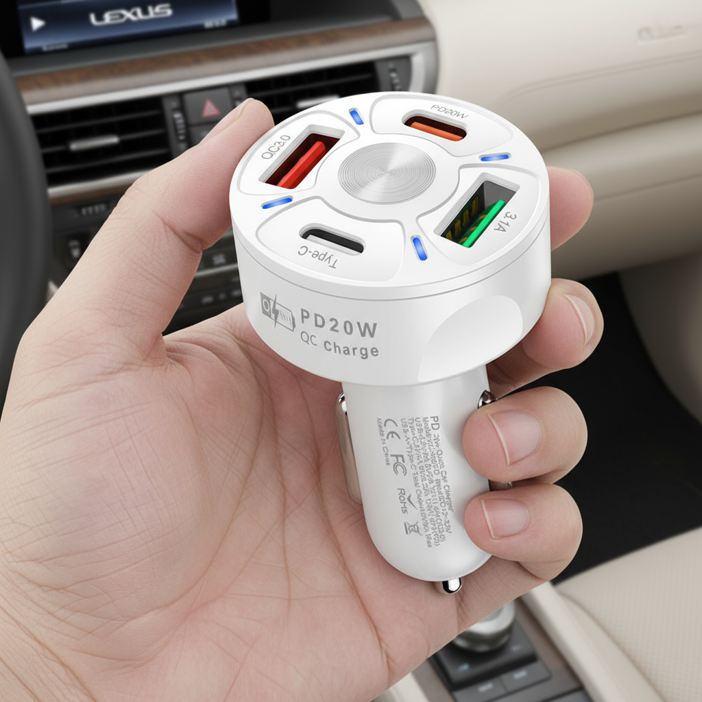 4 Outlets, White, Car Cell Phone Charger, High Power, 20W