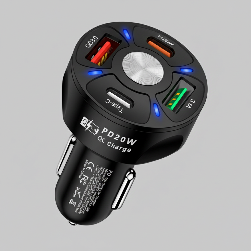 4 Outlets, Black, Car Cell Phone Charger, High Power, 20W