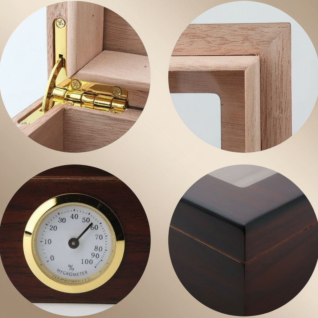 Cigar Box, Natural Hardwood, 10.2x8.7 inches, with Hygrometer and Humidor