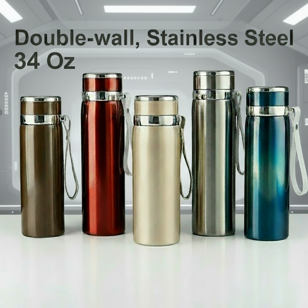 Vacuum Insulated Thermos, Double-wall Stainless Steel, 34 Oz