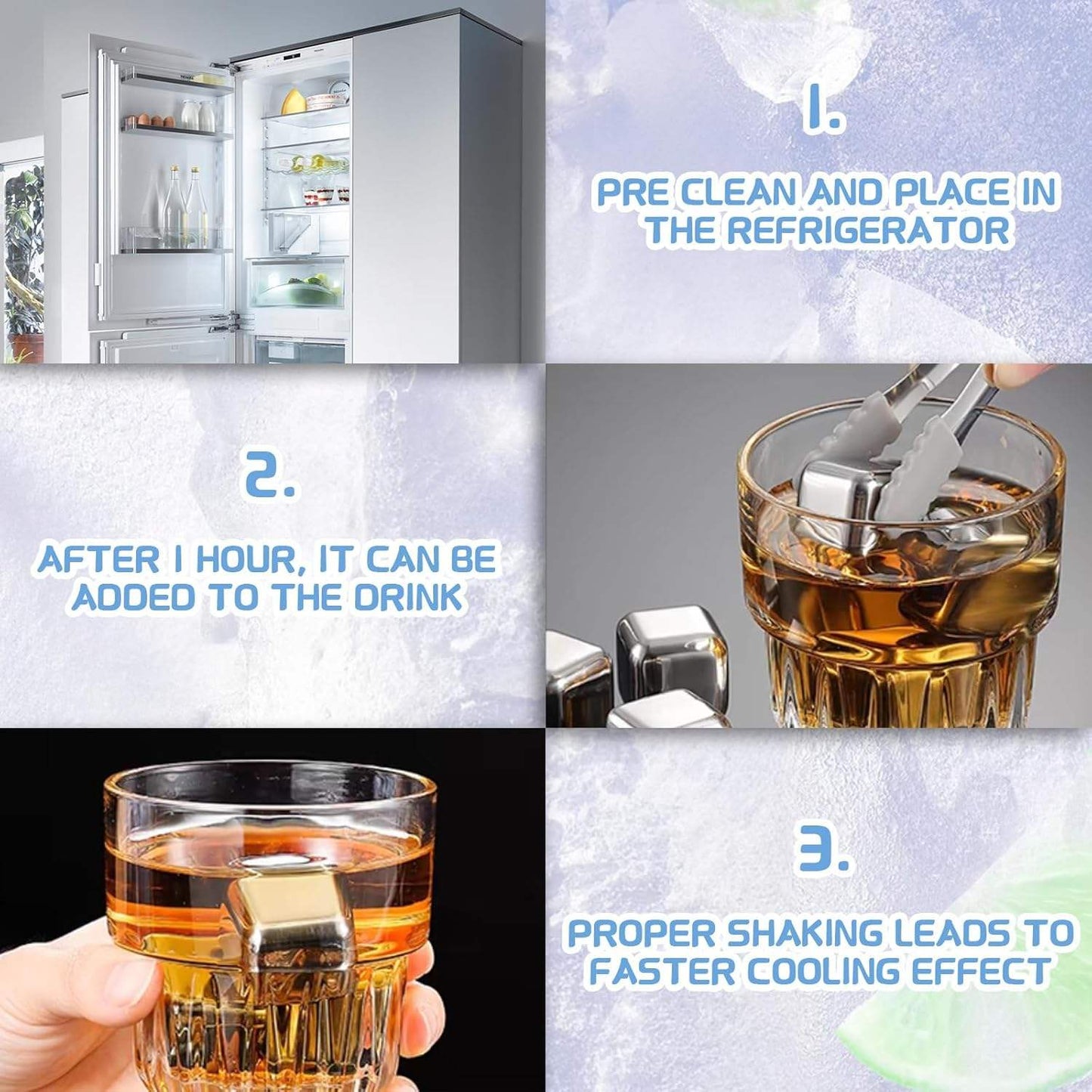 Beverage Chilling Cubes, Stainless Steel, 8 pcs with Tongs Set