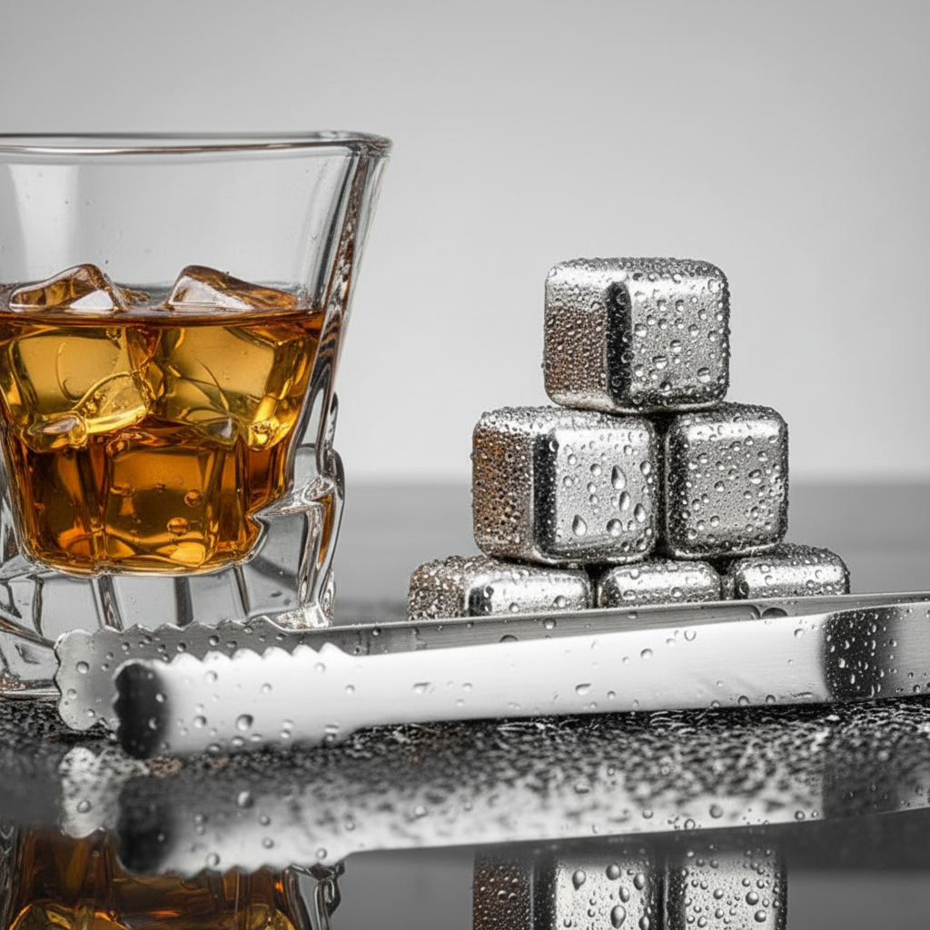 Beverage Chilling Cubes, Stainless Steel, 8 pcs with Tongs Set