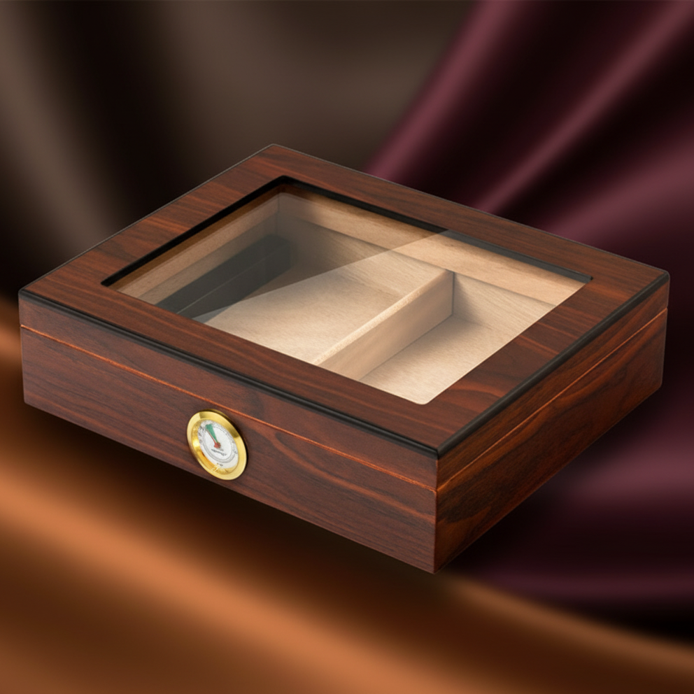 Cigar Box, Spanish Cedar, Black, with Hygrometer and Humidor, 9x7 inch