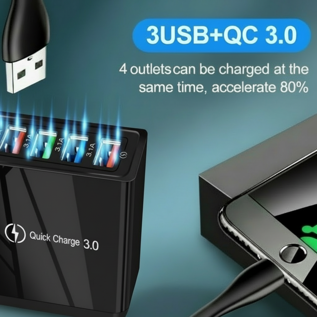 4 Outlets, Black, Wall Cell Phone Charger, High Power 20W