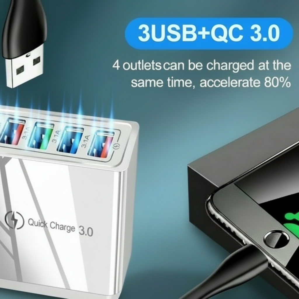 4 Outlets, White, Wall Cell Phone Charger, High Power 20W