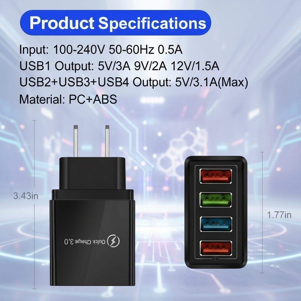 4 Outlets, Black, Wall Cell Phone Charger, High Power 20W