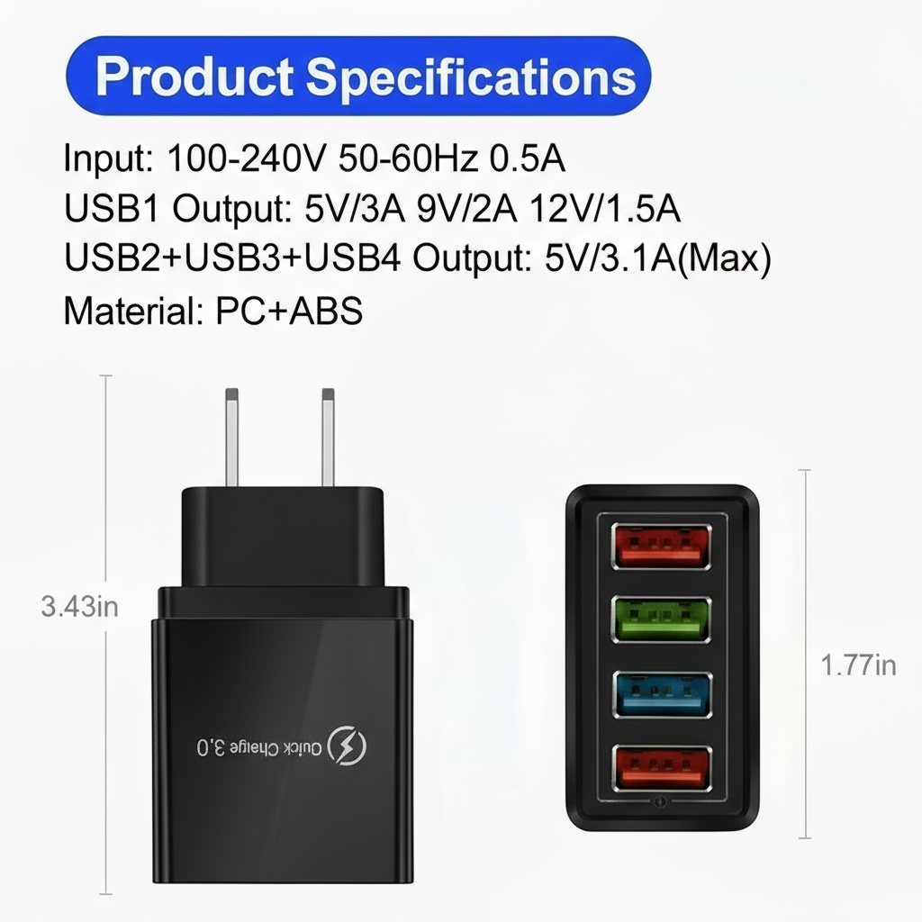 4 Outlets, Black, Wall Cell Phone Charger, High Power 20W