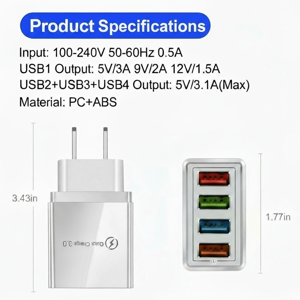 4 Outlets, White, Wall Cell Phone Charger, High Power 20W