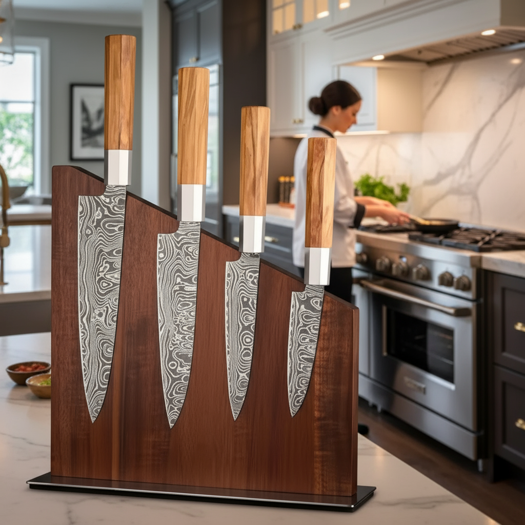 Hardwood Magnetic Knife Holder Stand with Stainless Steel Base