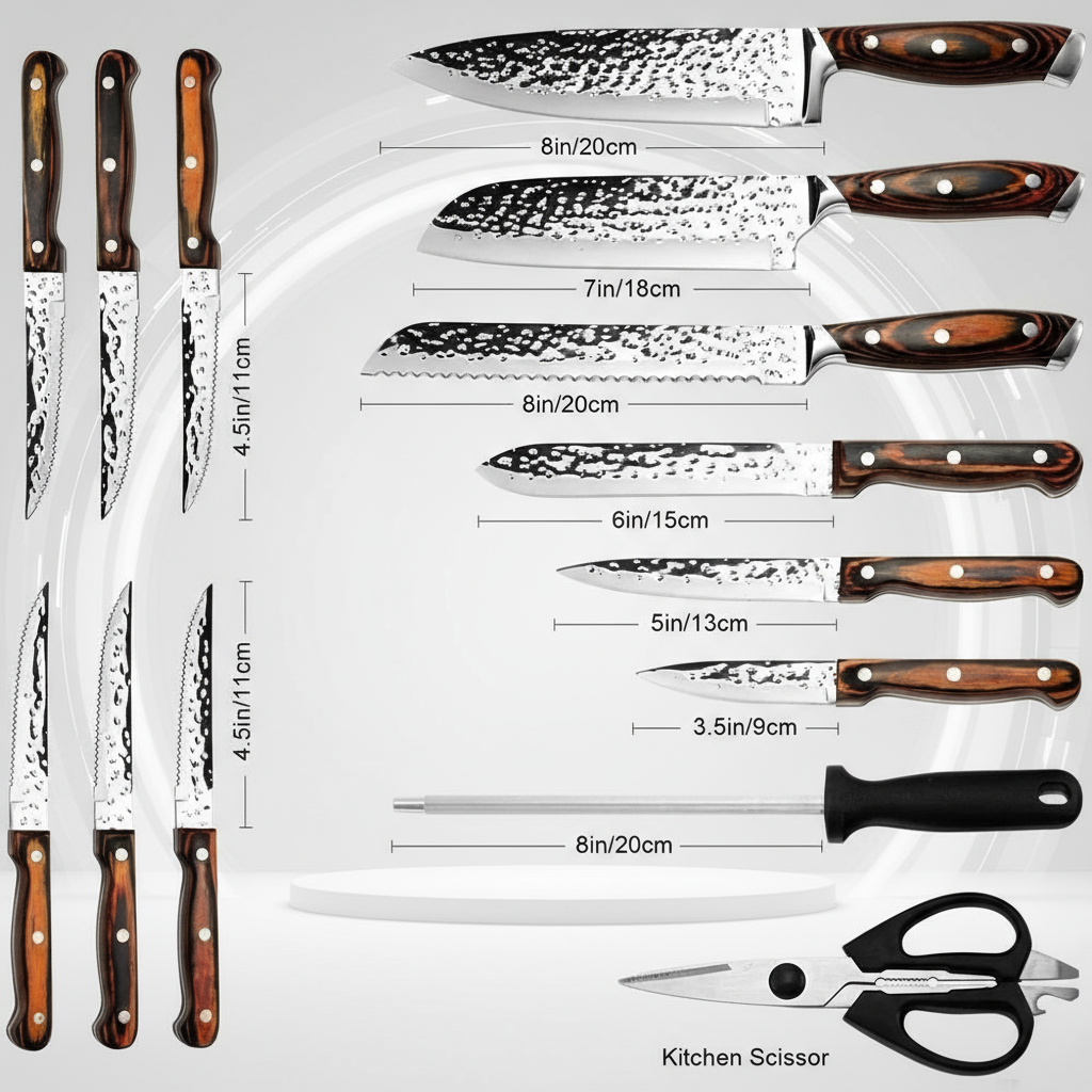 Professional Kitchen Knives Set, 15pcs – Includes Block, Sharpener and Scissors