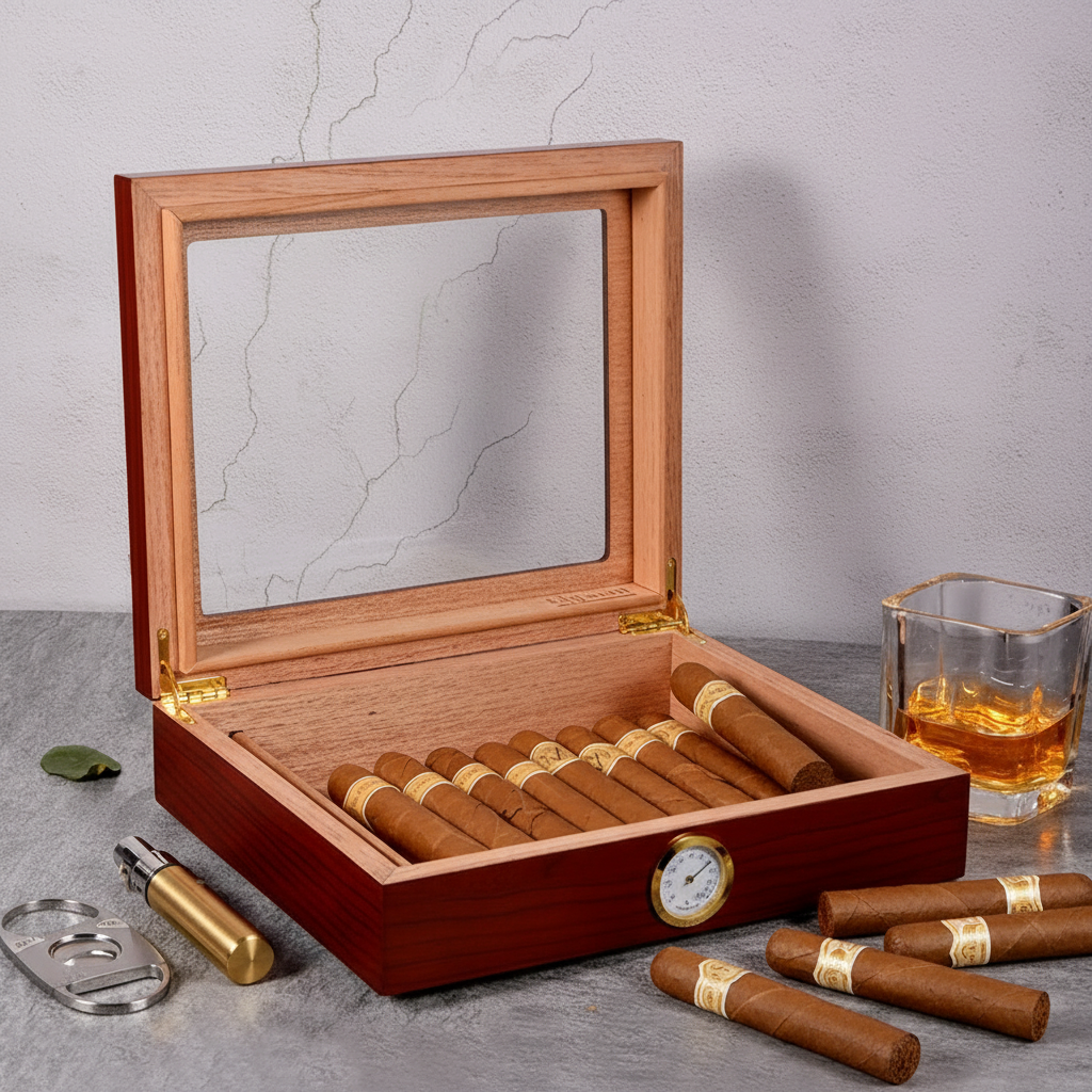 Cigar Box, Spanish Cedar, Brown, with Hygrometer and Humidor, 9x7 inch