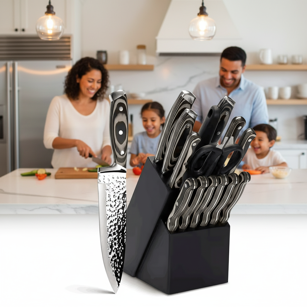 Professional Kitchen Knives Set, 15pcs – Includes Block, Sharpener and Scissors
