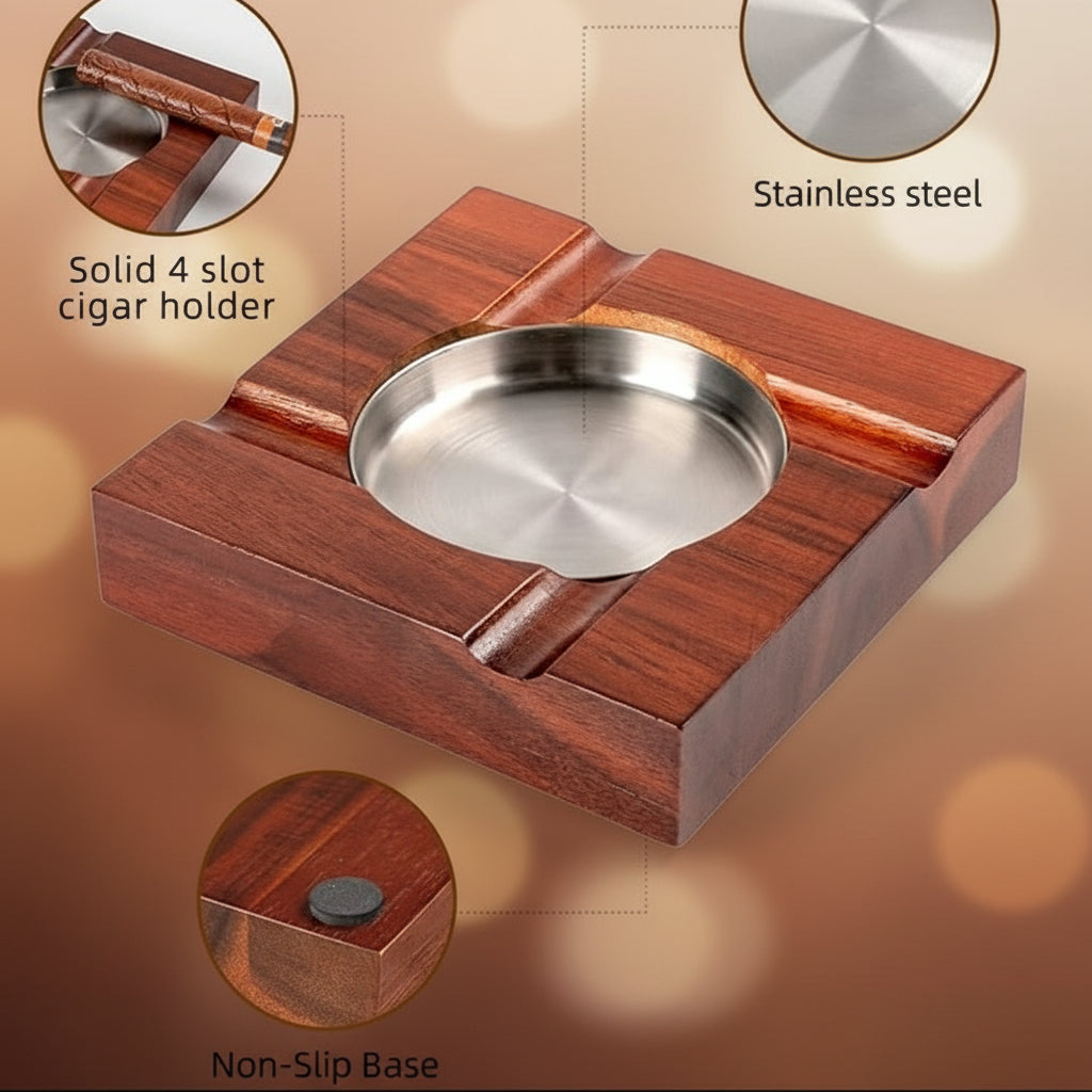 Cigar Ashtray, Hardwood, with Stainless metal Cup