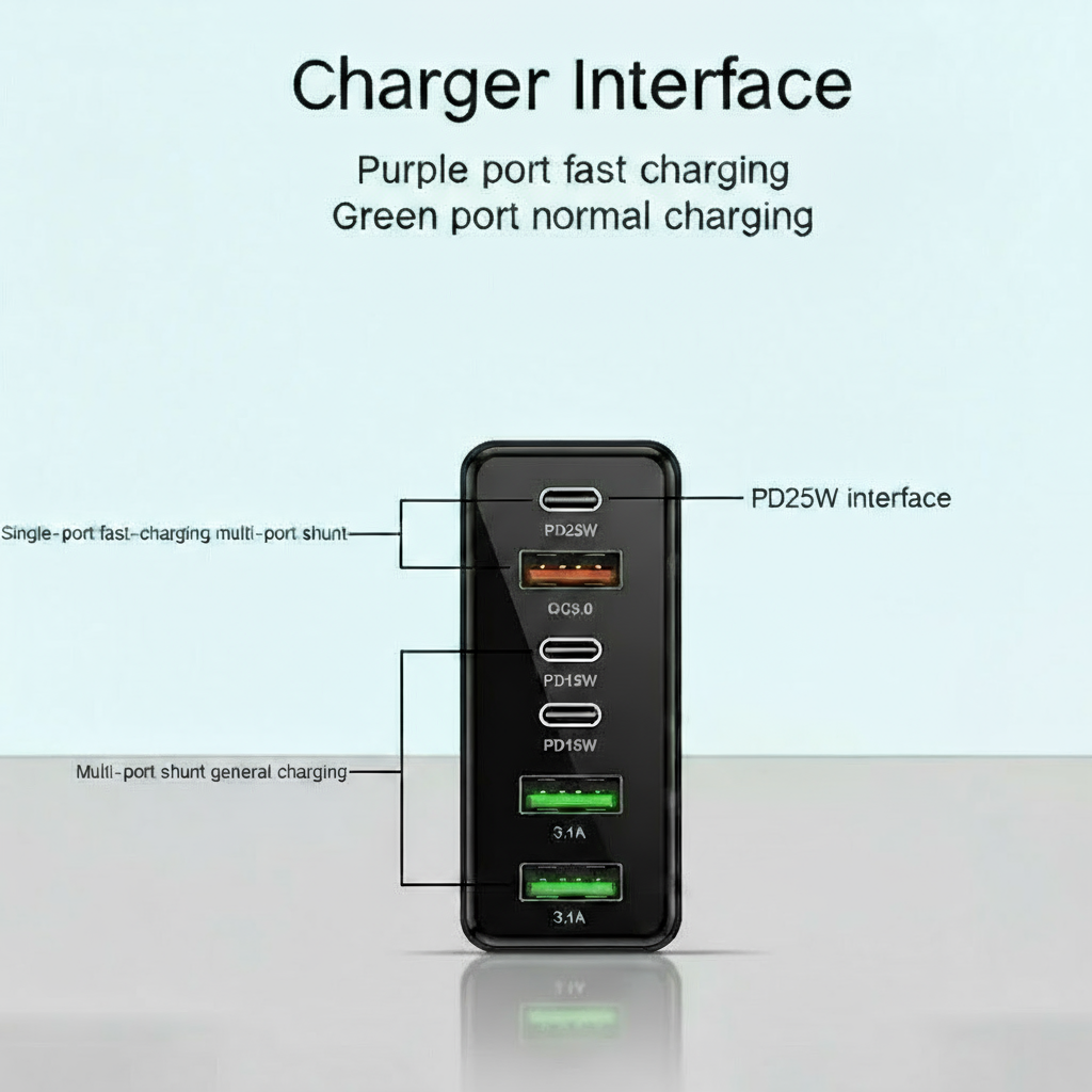 6 Outlets Charging Station, Black,  Extra High Power 160W, Box Included