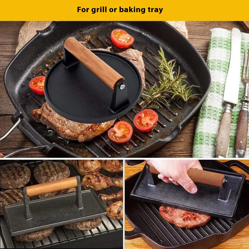 Cast Iron Grill Press, Round for Burgers and Stakes, Hardwood Handle