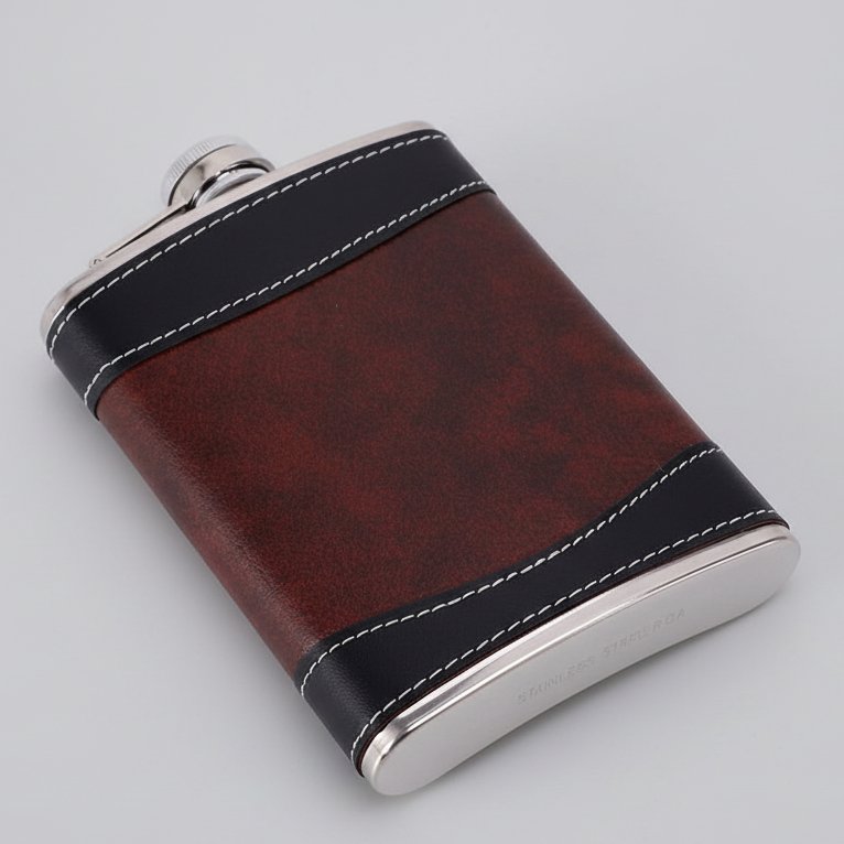 Fashion Hip Flask, Stainless Steel, PU Leather Cover, 8 Oz