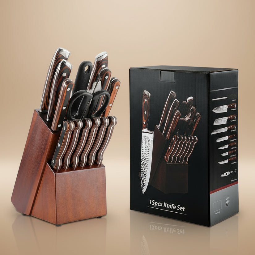 Professional Kitchen Knives Set, 15pcs – Includes Block, Sharpener and Scissors