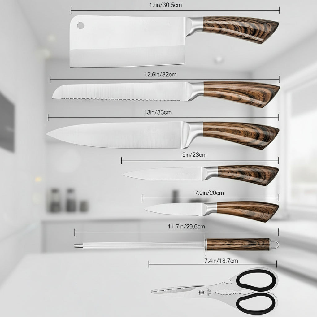 Kitchen Knives Set, Stainless Steel, 8pcs set, including Block and Sharpener
