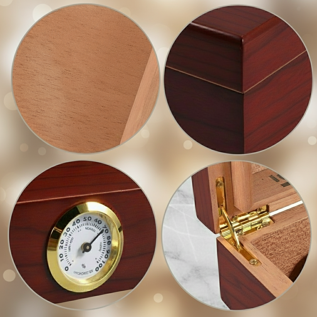 Cigar Box, Spanish Cedar, Brown, with Hygrometer and Humidor, 9x7 inch