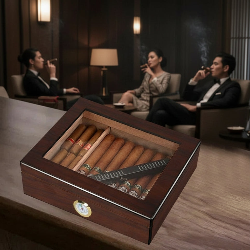 Cigar Box, Spanish Cedar, Black, with Hygrometer and Humidor, 9x7 inch
