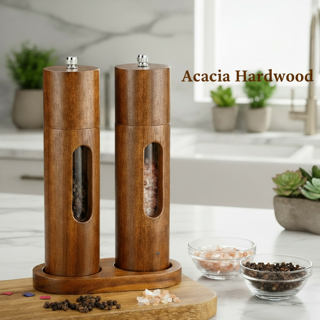 Spice Grinder Set, 8" tall, 2pcs, Acacia Wood