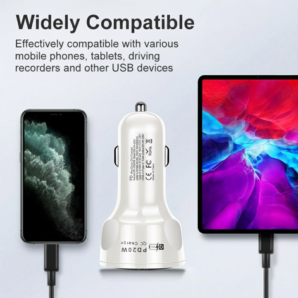 4 Outlets, White, Car Cell Phone Charger, High Power, 20W