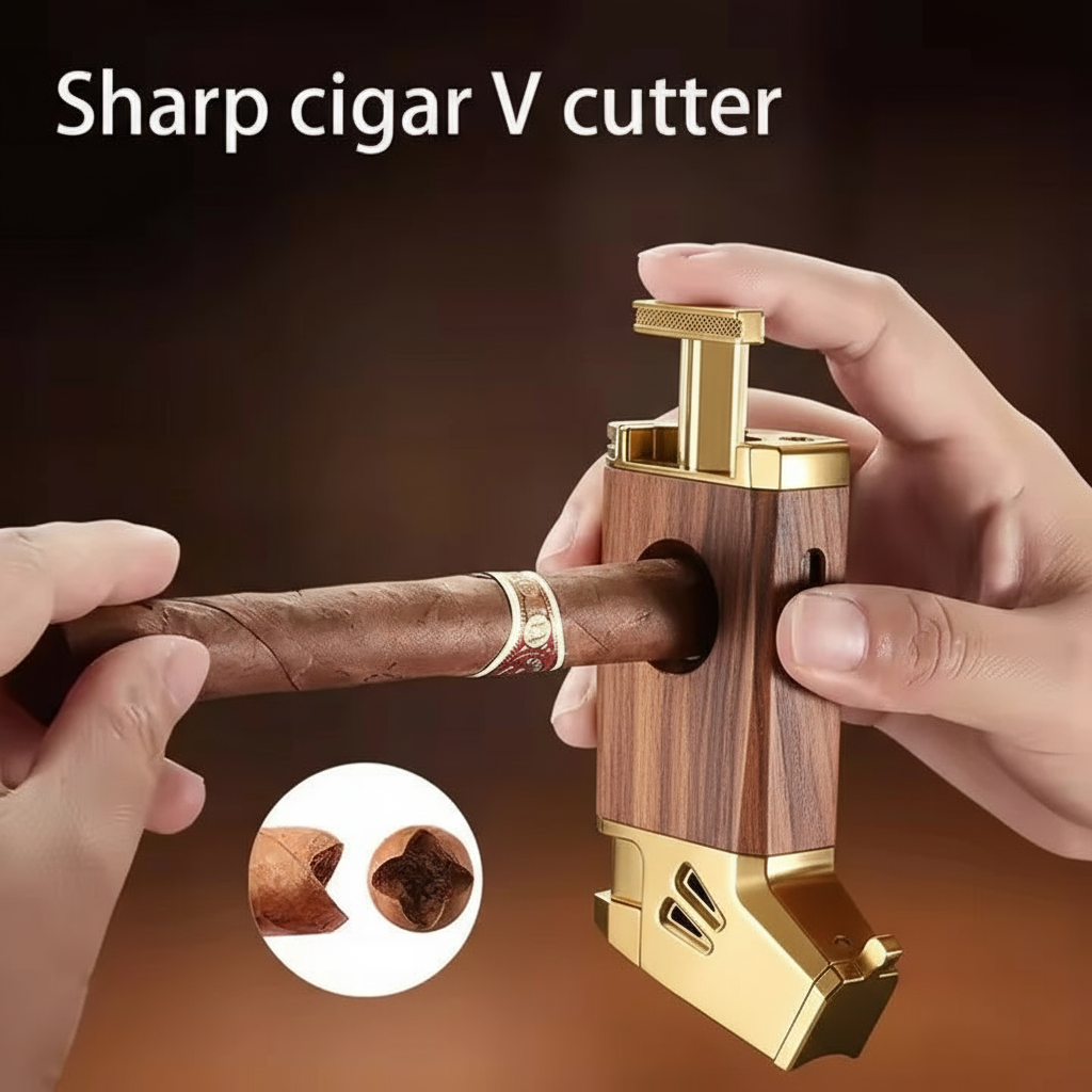 Cigar Lighter Torch, "Redwood grain", with V-shaped Cigar Cutter