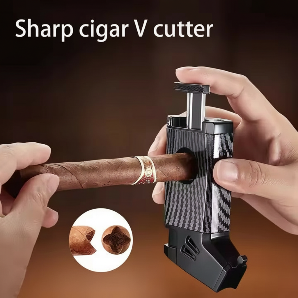 Cigar Lighter, "Business Black", with V-shaped Cigar Cutter
