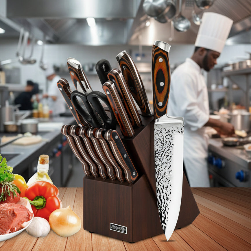 Professional Kitchen Knives Set, 15pcs – Includes Block, Sharpener and Scissors