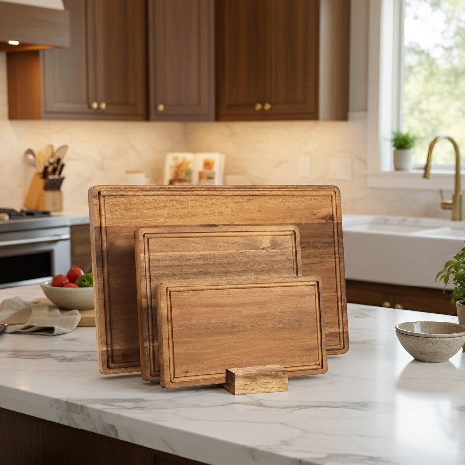Acacia Wood Cutting/Serving Board Set, 4pcs, including Holder