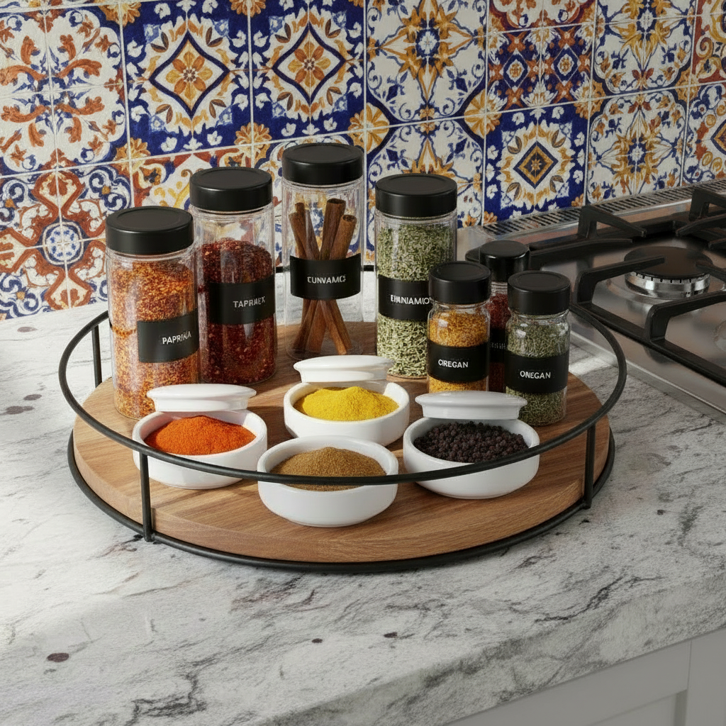 Acacia Wood Lazy Susan Kitchen Organizer, 12 inches, with Metal Frame