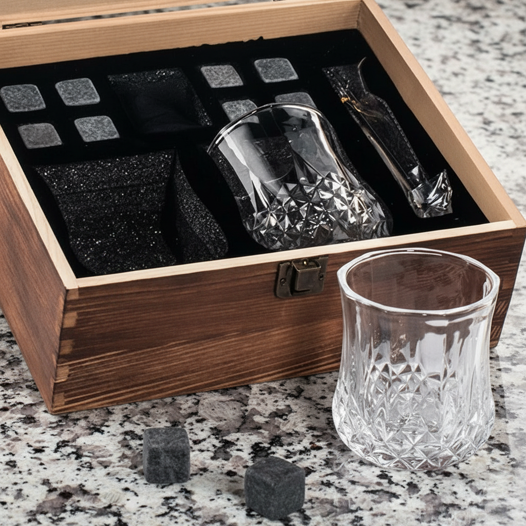 Whisky Chilling Stones & Glass Gift Set in Wooden Box