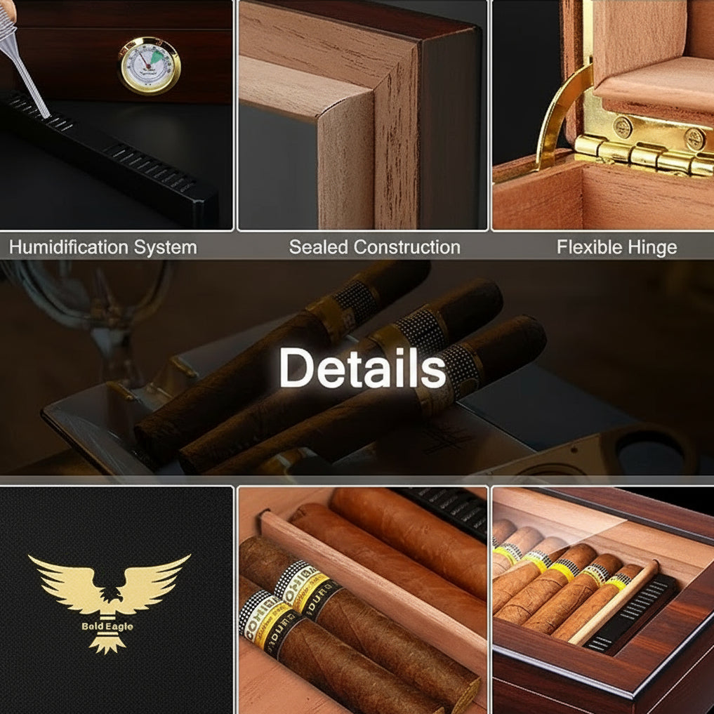 Cigar Box, Spanish Cedar, Black, with Hygrometer and Humidor, 9x7 inch