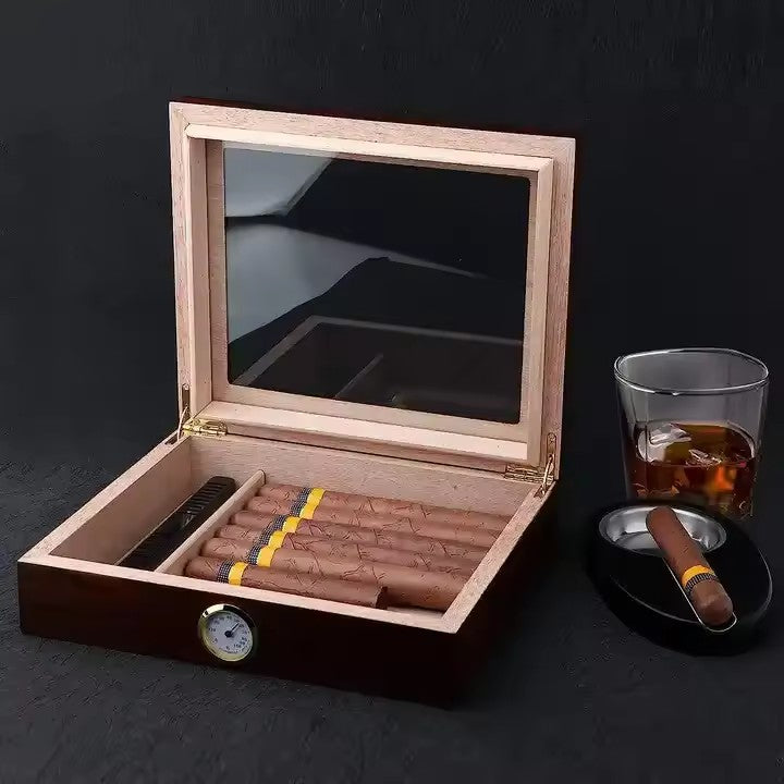 Cigar Box, Spanish Cedar, Black, with Hygrometer and Humidor, 9x7 inch