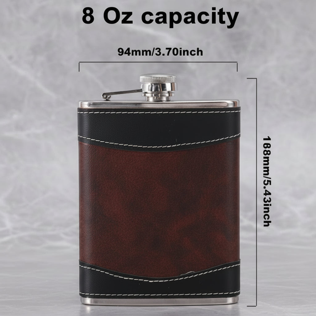 Fashion Hip Flask, Stainless Steel, PU Leather Cover, 8 Oz