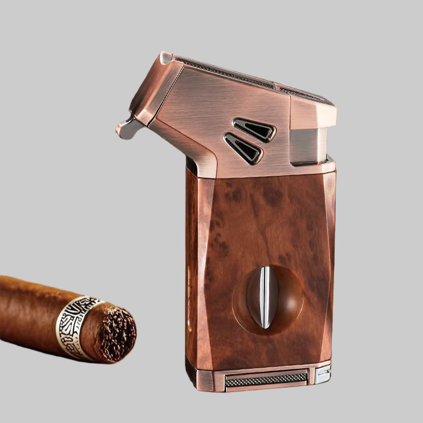 Cigar Lighter Torch, "Redwood grain", with V-shaped Cigar Cutter
