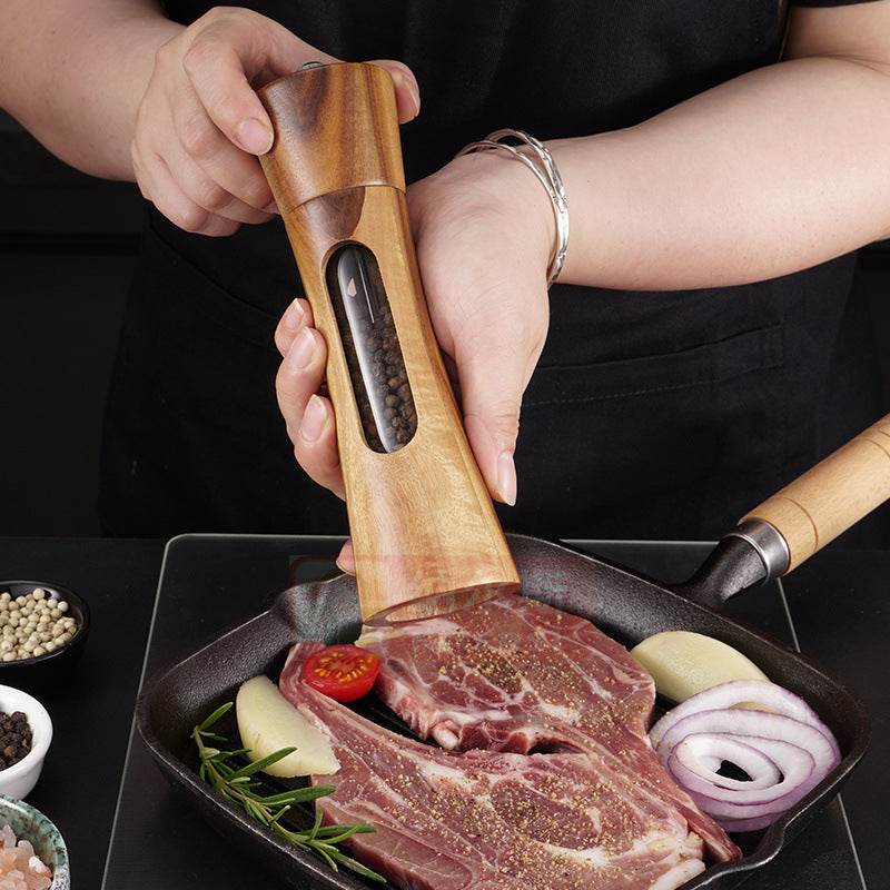 Transparent Window Acacia Wood Grinder Set, 8" Tall, 3-Piece with Base