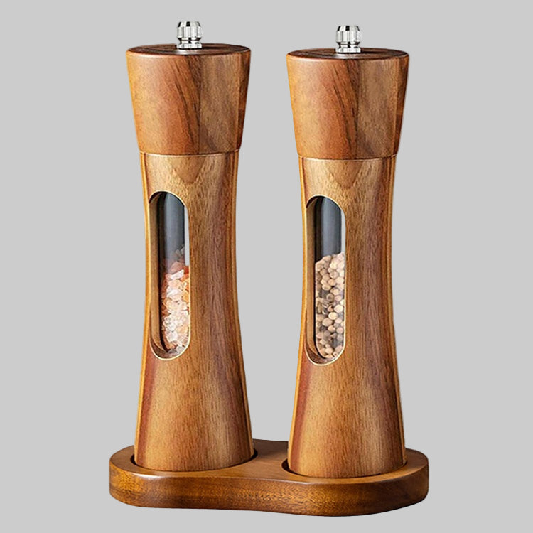 Transparent Window Acacia Wood Grinder Set, 8" Tall, 3-Piece with Base