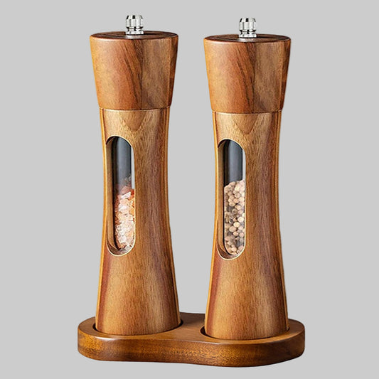 Transparent Window Acacia Wood Grinder Set, 8" Tall, 3-Piece with Base