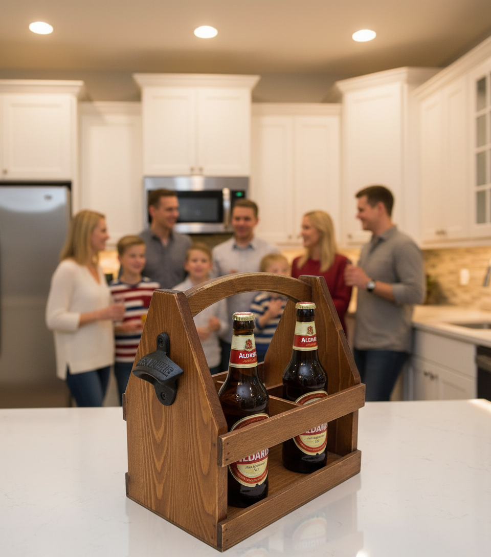 Beer Carrying Box with Bottle Opener. Fits 6 Beer bottles or cans. Natural Hardwood.