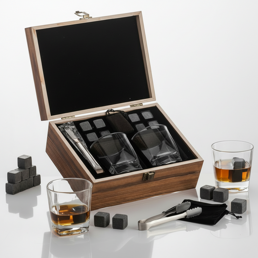 Classic Whisky Chilling Stones & Glass Gift Set in Wooden Box