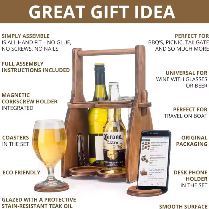 Wine Carrying Box. Fits 4 bottles or glasses. Natural multilayer Hardwood.