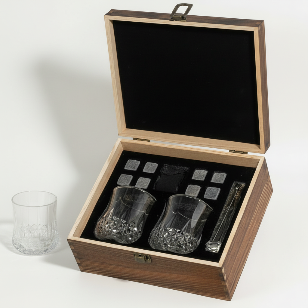 Whisky Chilling Stones & Glass Gift Set in Wooden Box