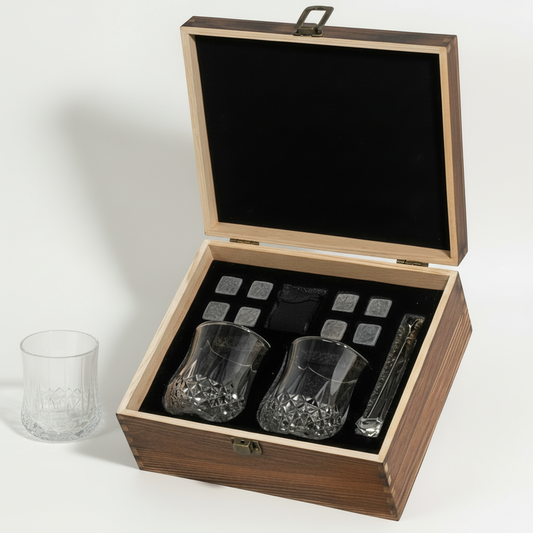 Whisky Chilling Stones & Glass Gift Set in Wooden Box