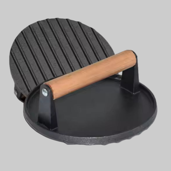 Cast Iron Grill Press, Round for Burgers and Stakes, Hardwood Handle