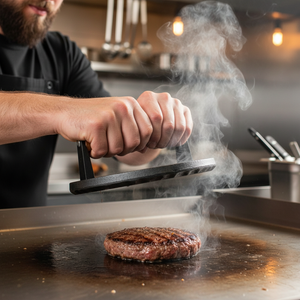 Cast Iron Grill Press, Round for Burgers and Stakes, Hardwood Handle