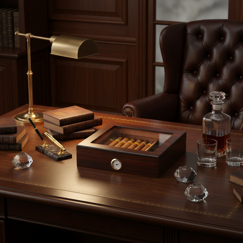 Cigar Box, Natural Hardwood, 10.2x8.7 inches, with Hygrometer and Humidor