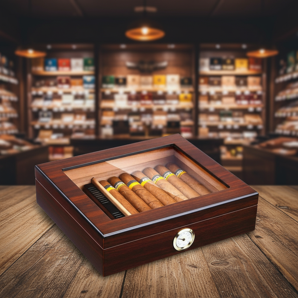 Cigar Box, Natural Hardwood, 10.2x8.7 inches, with Hygrometer and Humidor