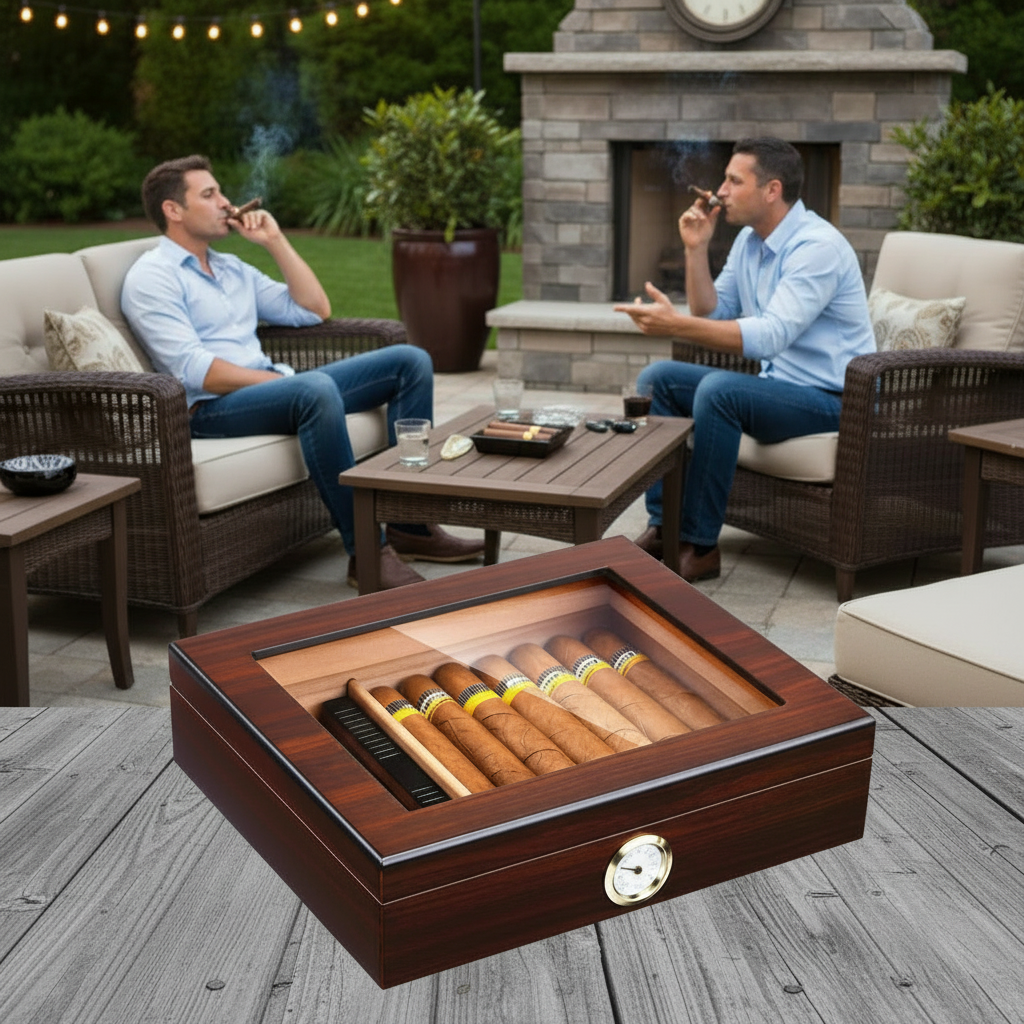 Cigar Box, Natural Hardwood, 10.2x8.7 inches, with Hygrometer and Humidor