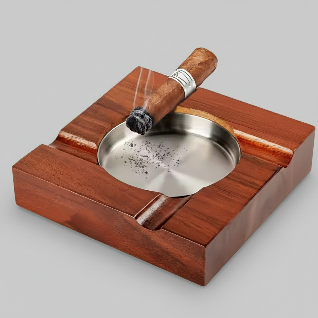 Cigar Ashtray, Hardwood, with Stainless metal Cup